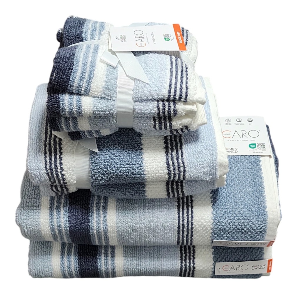 Caro Home 8pc‎ Striped Soft Cotton Towel Set Blue And White 2 Bath 2 Hand 4 Tip